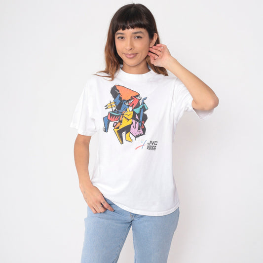 90s JVC Jazz Festival New York Graphic T-Shirt White Cotton Medium