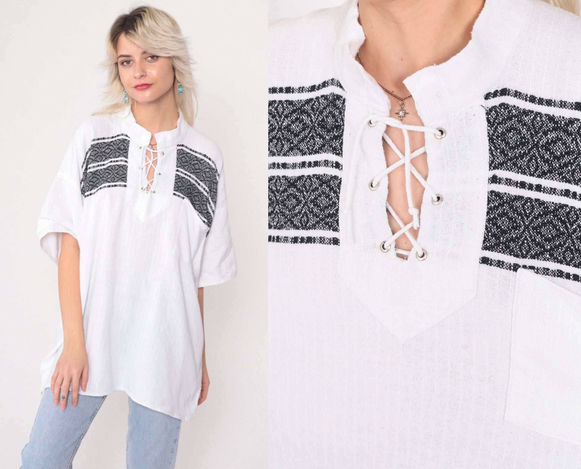 90s White Tunic Top Lace-Up Neckline Black Embroidery Short Sleeve Extra Large