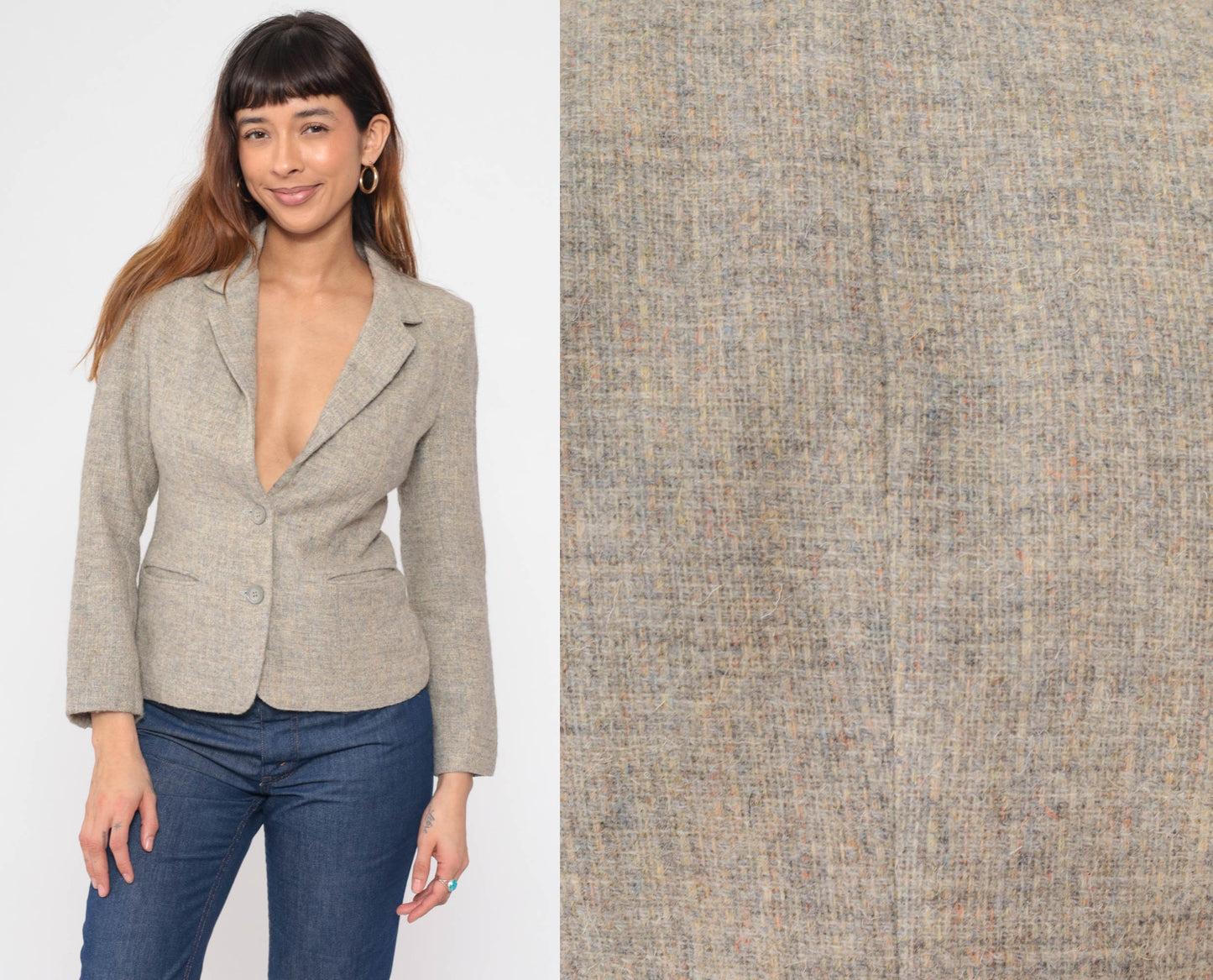 80s Wool Blazer Flecked Grey V-Neck Tailored Jacket Small S