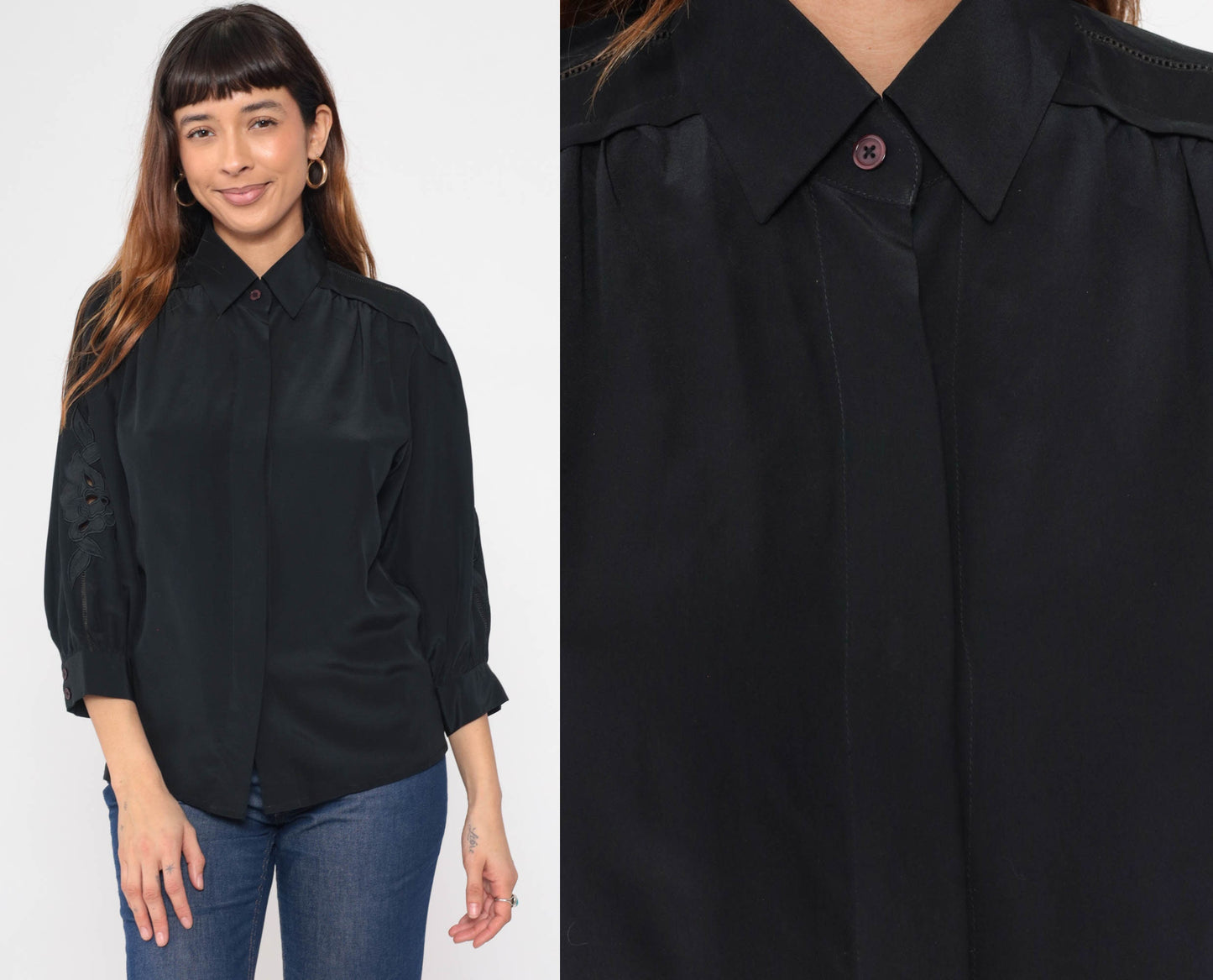 80s Black Floral Embroidered Blouse Cutout 3/4 Sleeve Button-Up Small