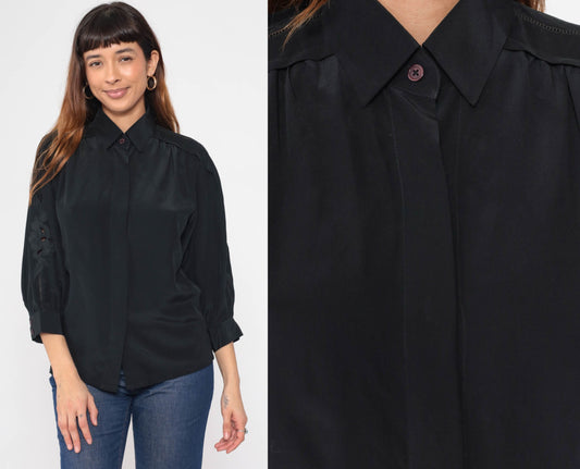 80s Black Floral Embroidered Blouse Cutout 3/4 Sleeve Button-Up Small