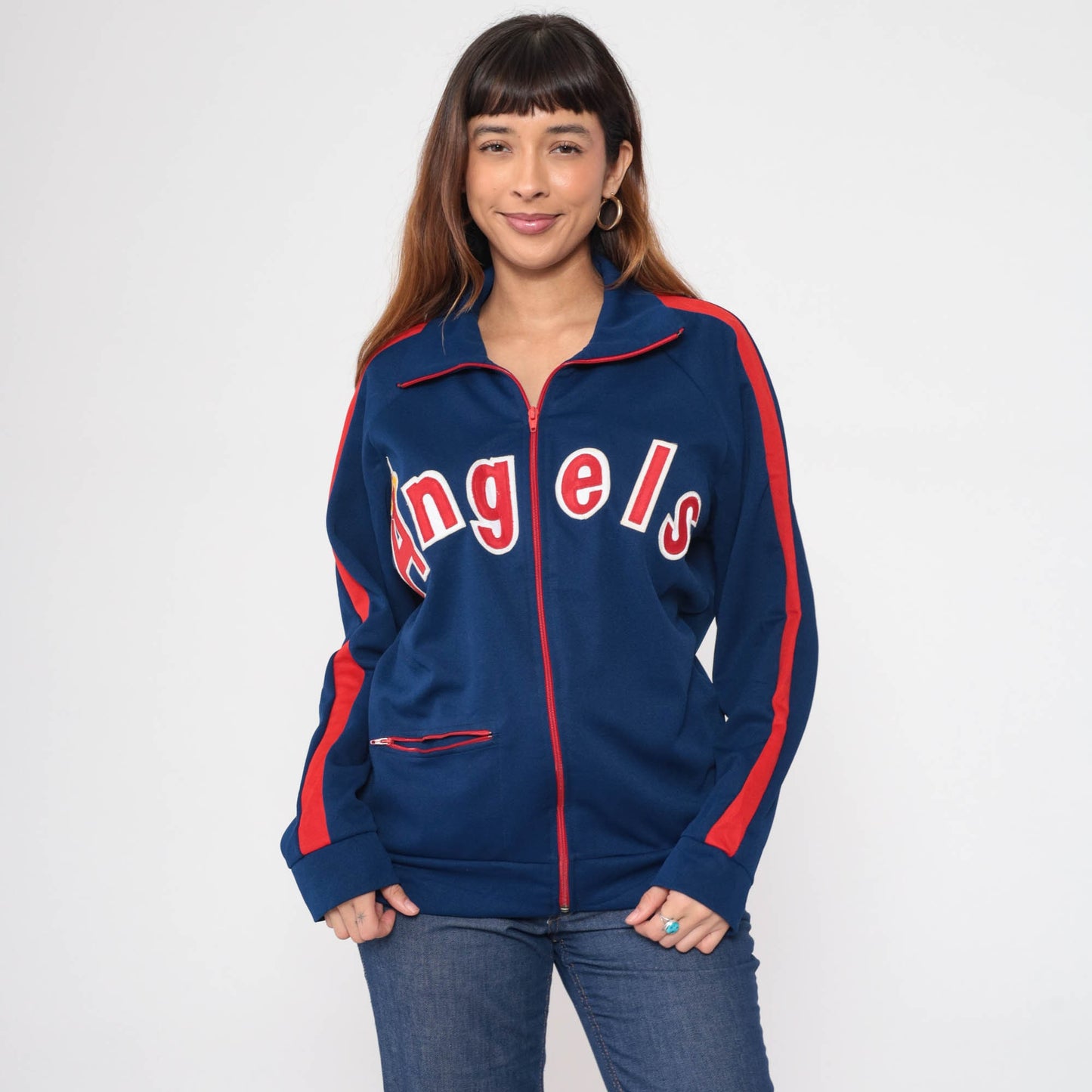 80s Los Angeles Angels Baseball Jacket Dark Blue Red Stripe Wool Blend Small
