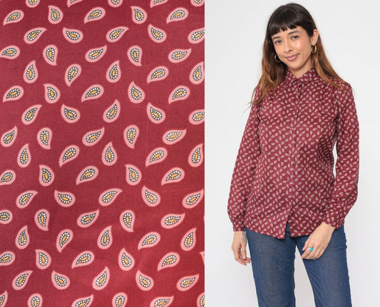80s Burgundy Paisley Button-Up Blouse Long Sleeve Collar Medium