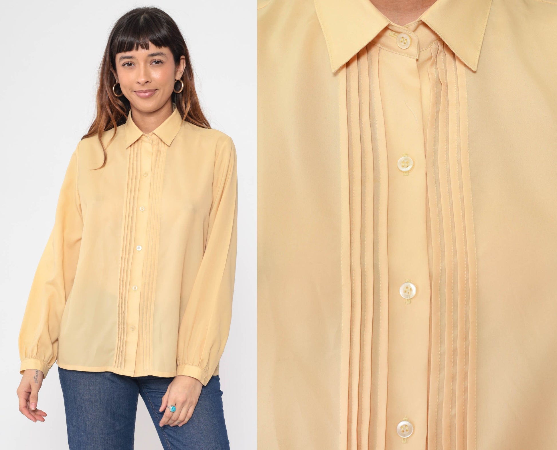80s Yellow Pleated Button-Up Blouse Long Sleeve Collared Shirt Large L