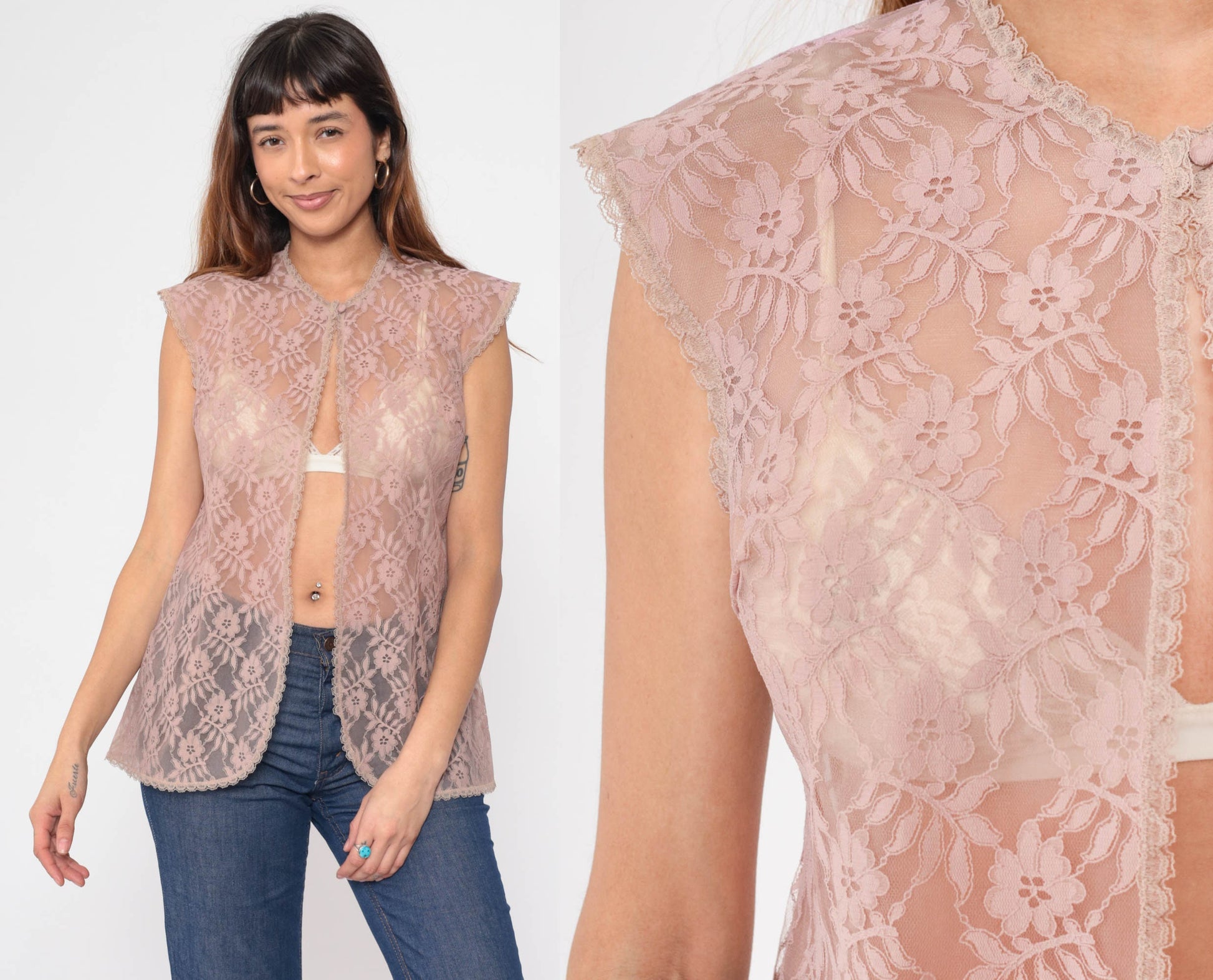 70s Mauve Lace Jacket Cap Sleeve Open Front Blouse Small S