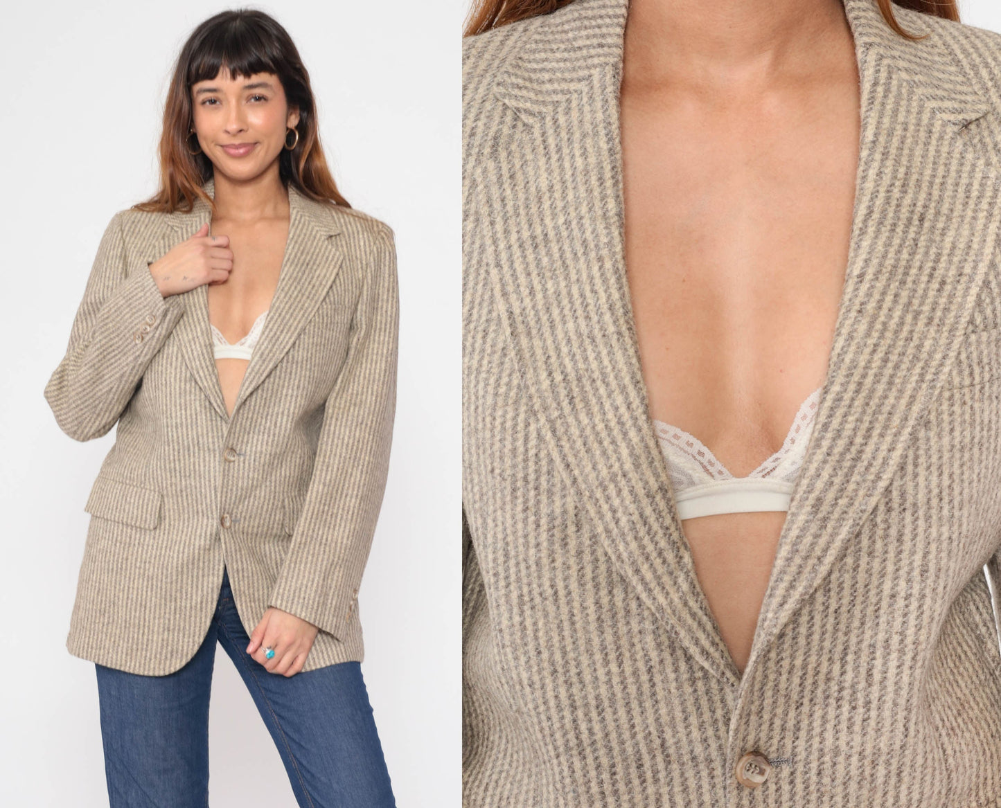 80s Striped Wool Blend Blazer Grey Beige Tailored Button-Up Small