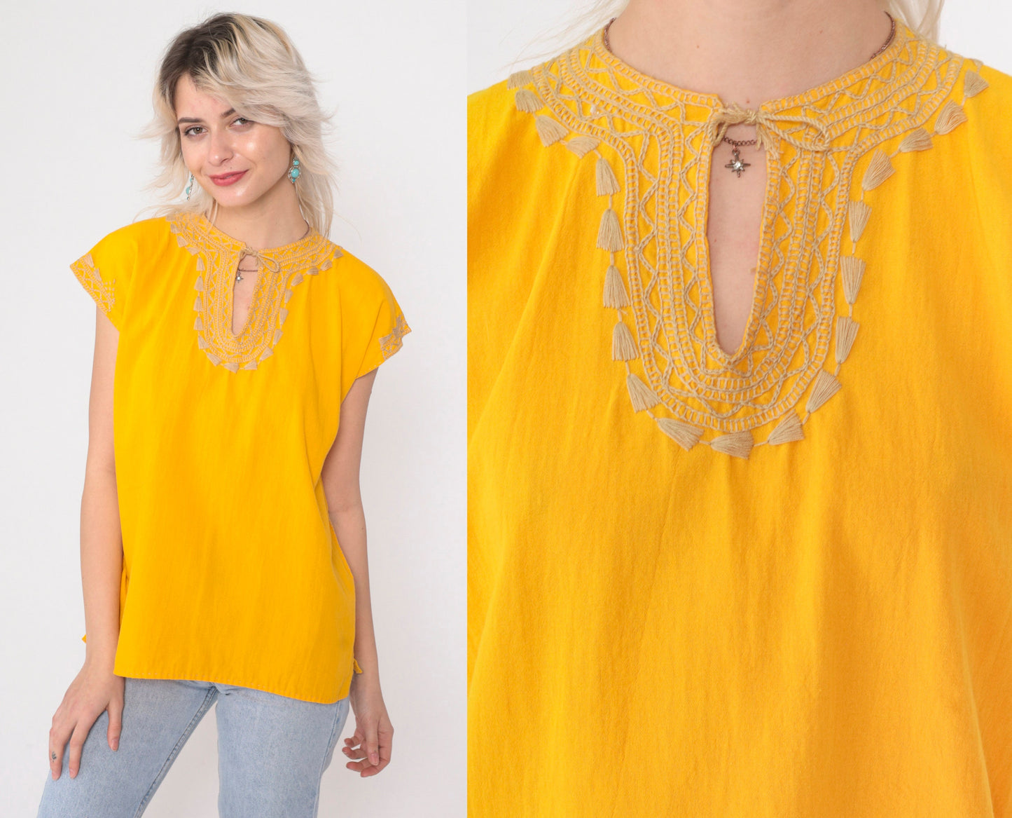90s Embroidered Tunic Top Yellow Keyhole Tie Neck Short Sleeve Small