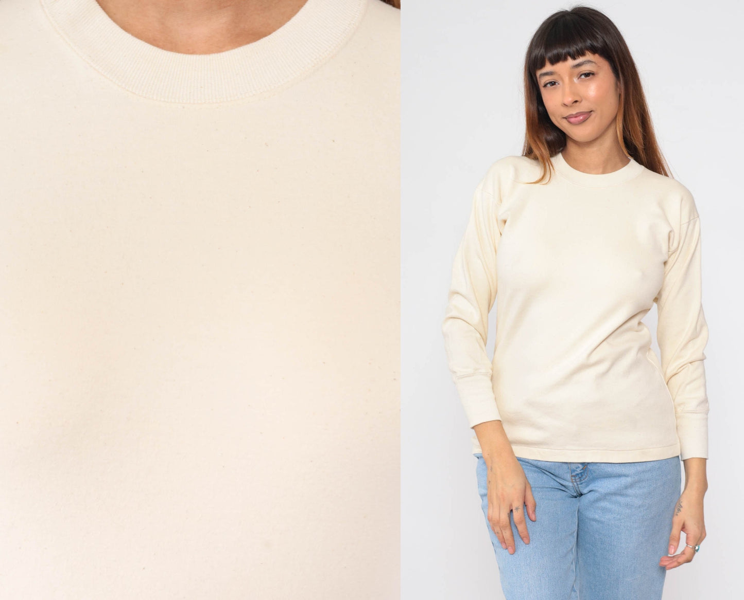 80s Cream Long Sleeve Crewneck T-Shirt Plain Layering Tee Small
