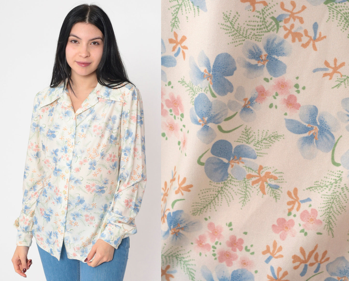 70s Floral Print Blouse White Puff Sleeve Button-Up Collared Shirt Medium