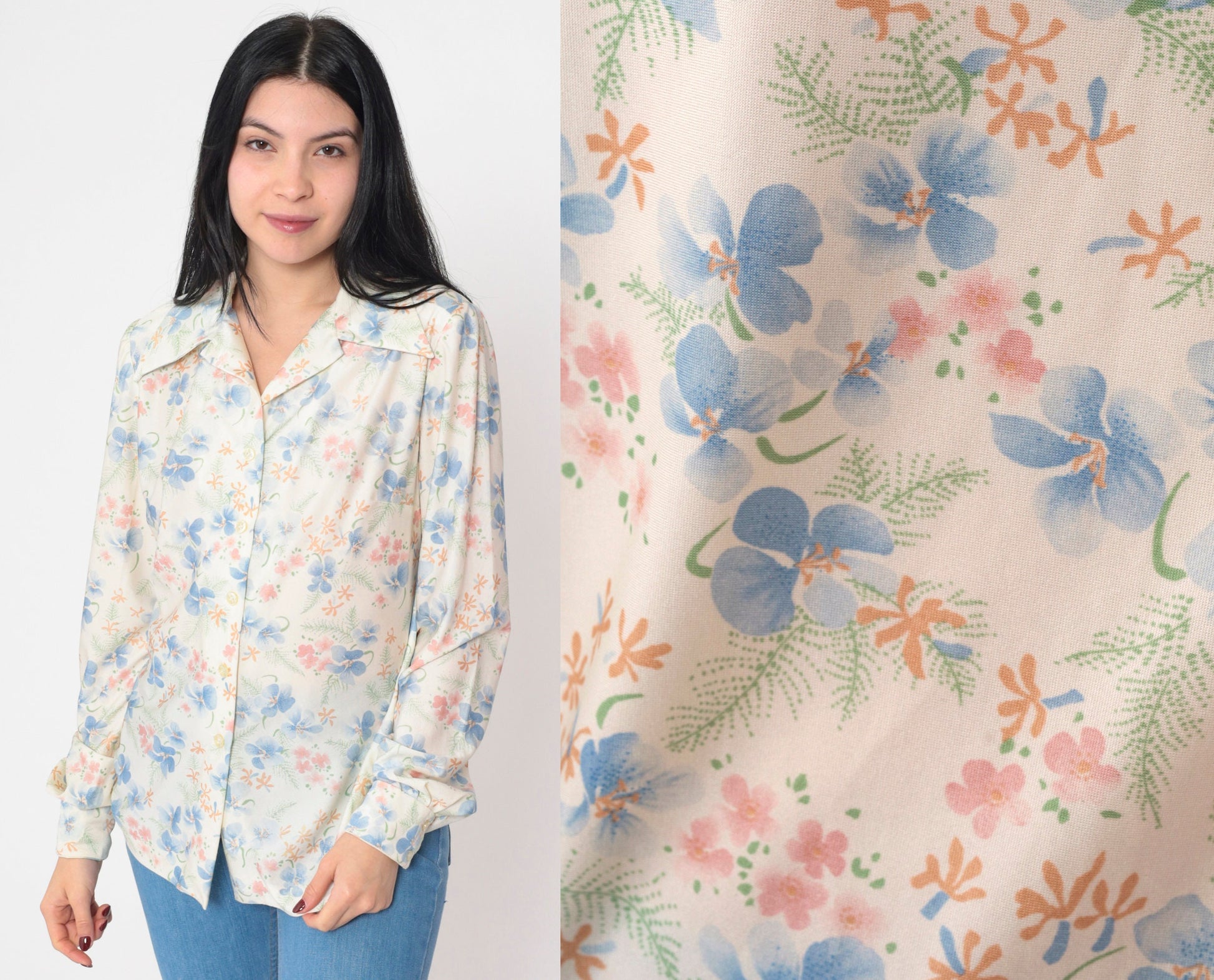 70s Floral Print Blouse White Puff Sleeve Button-Up Collared Shirt Medium