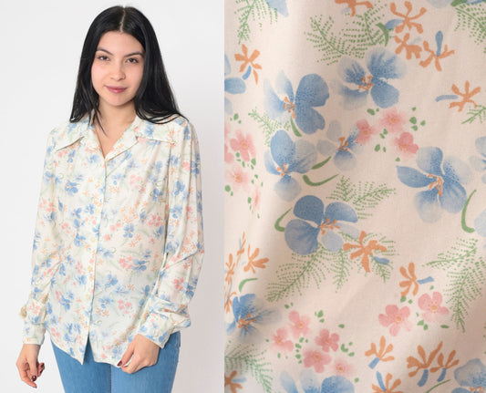70s Floral Print Blouse White Puff Sleeve Button-Up Collared Shirt Medium