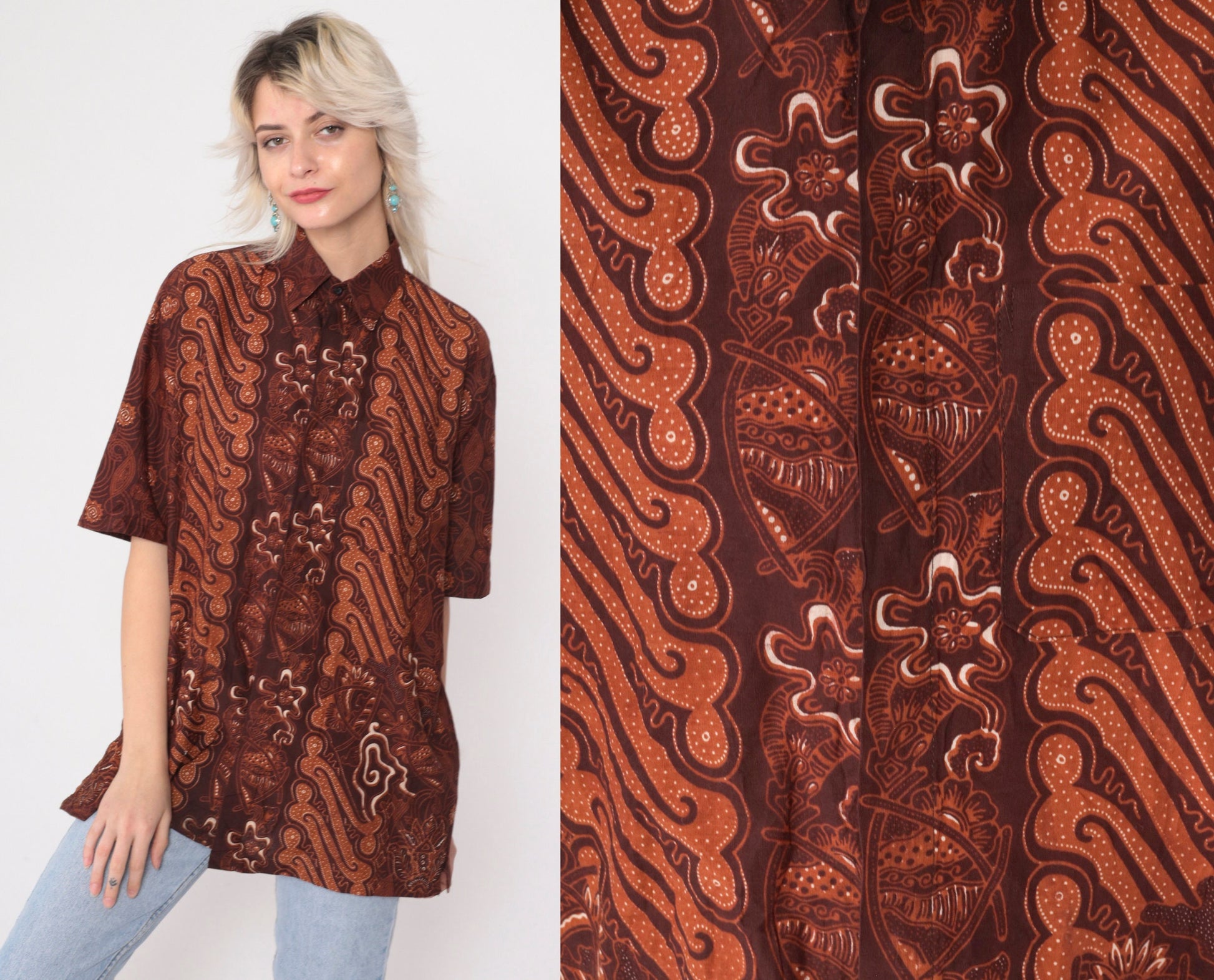 90s Batik Abstract Floral Button Up Shirt Brown Large