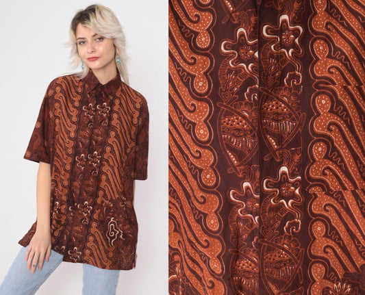 90s Batik Abstract Floral Button Up Shirt Brown Large