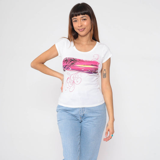 90s Crazy Shirts Hawaii Palm Tree Graphic Baby Tee White Cap Sleeve Small