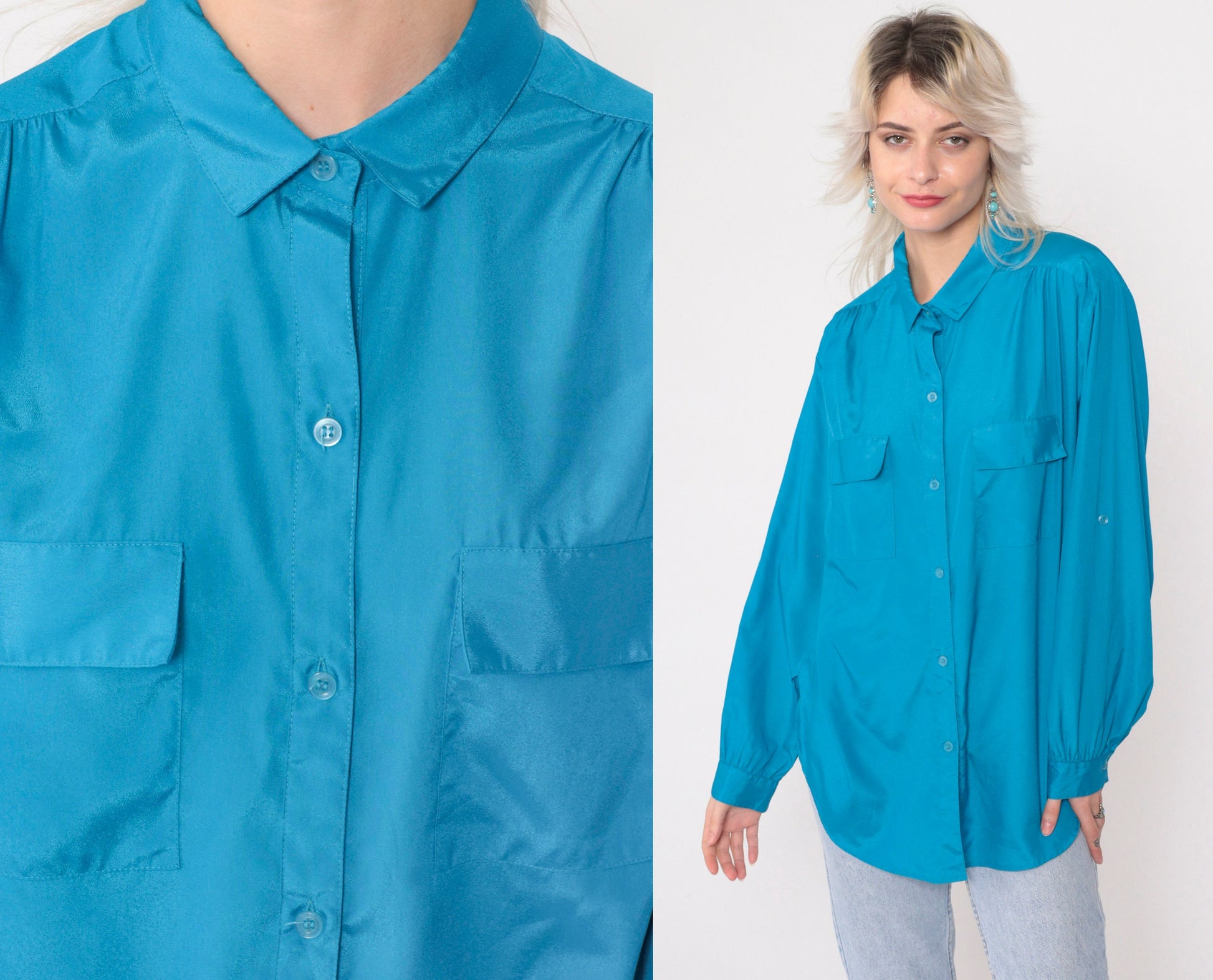 90s Turquoise Button-Up Blouse Gathered Shoulders Roll Tab Sleeves Large