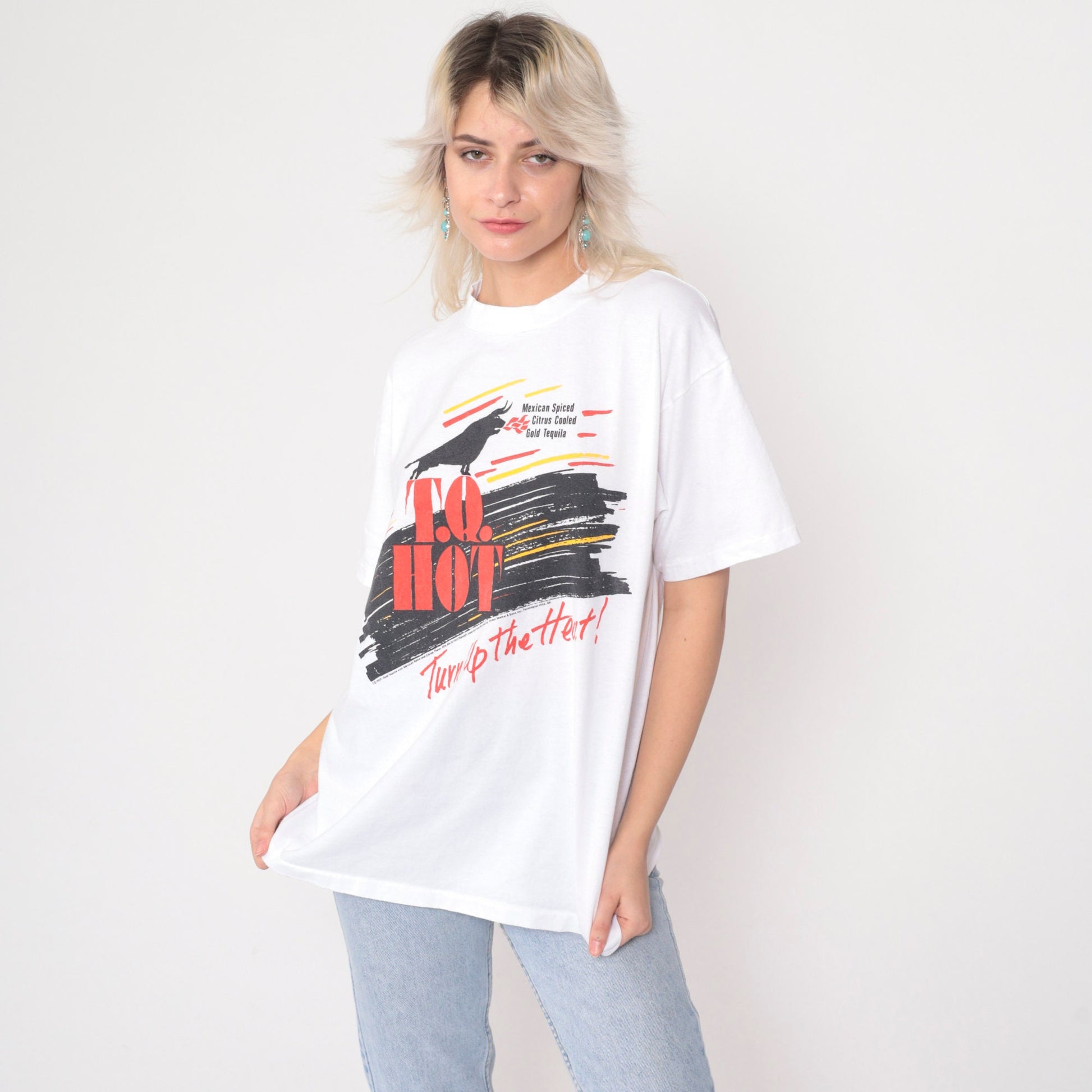 90s TQ Hot Tequila Gold Graphic T-Shirt Single Stitch White Large