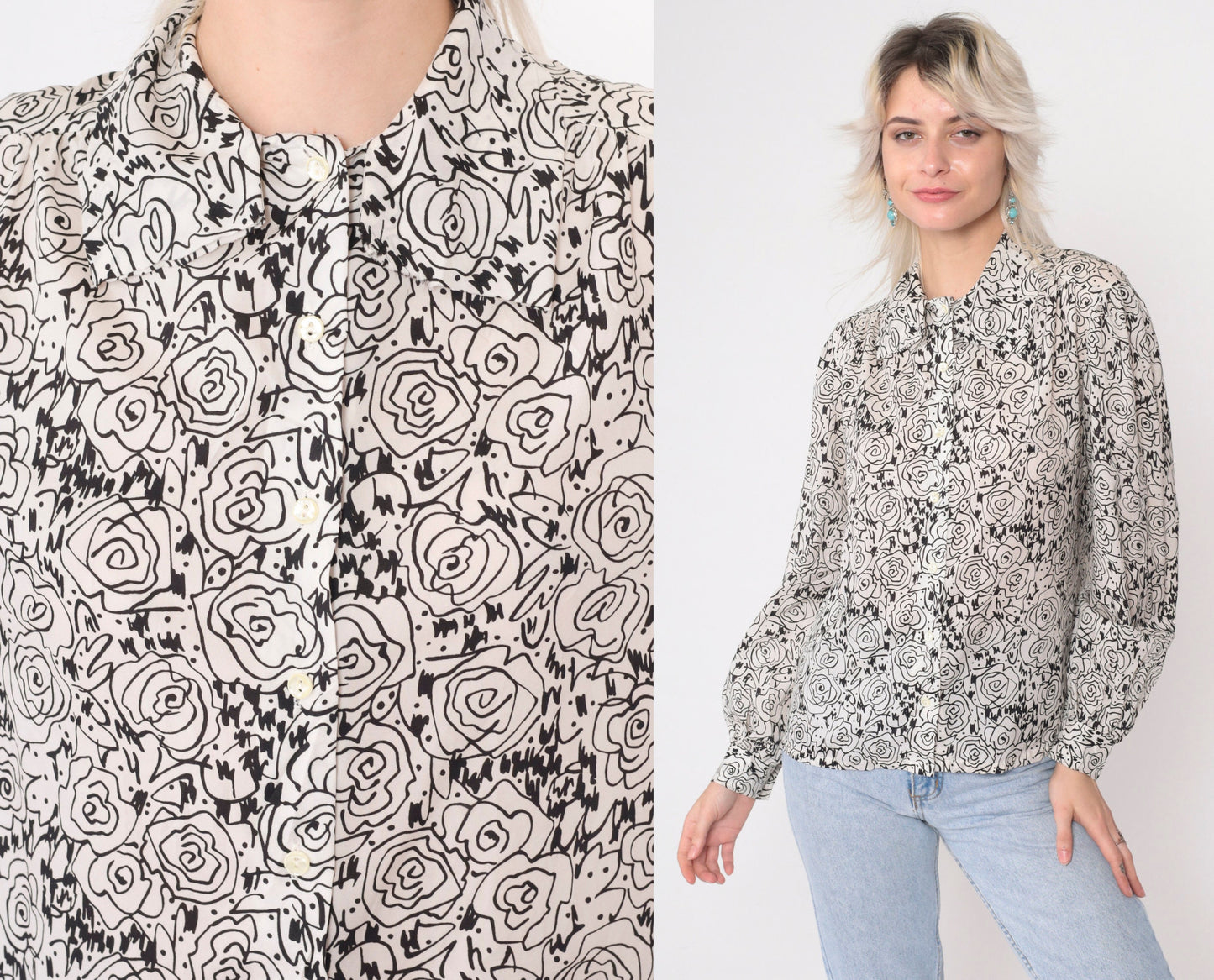 80s Abstract Floral Sketch Blouse Black White Puff Sleeve Button Up Medium