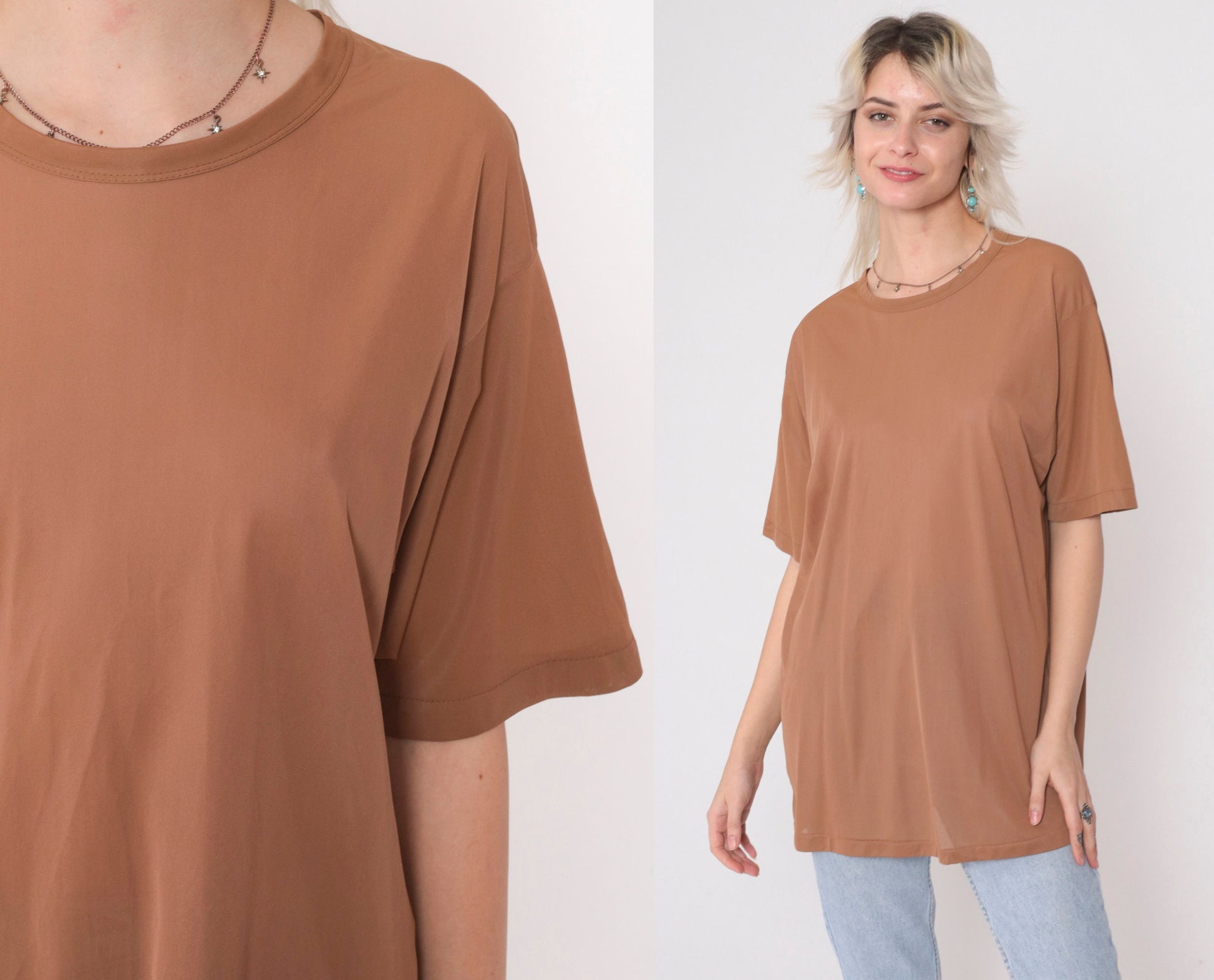 80s Light Brown Nylon Crewneck Blouse Short Sleeve Medium Large