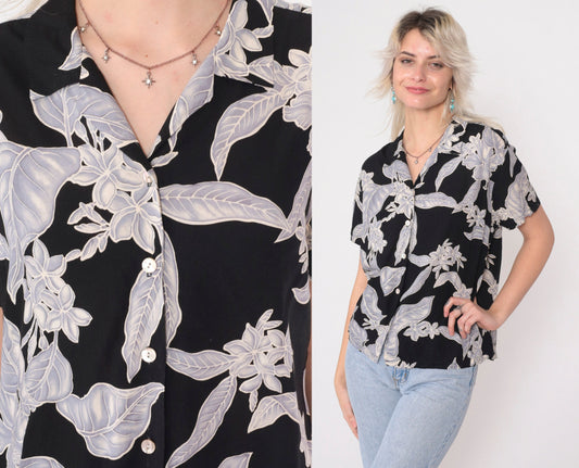 90s Nani Hawaii Tropical Floral Button Up Blouse Black Viscose Large