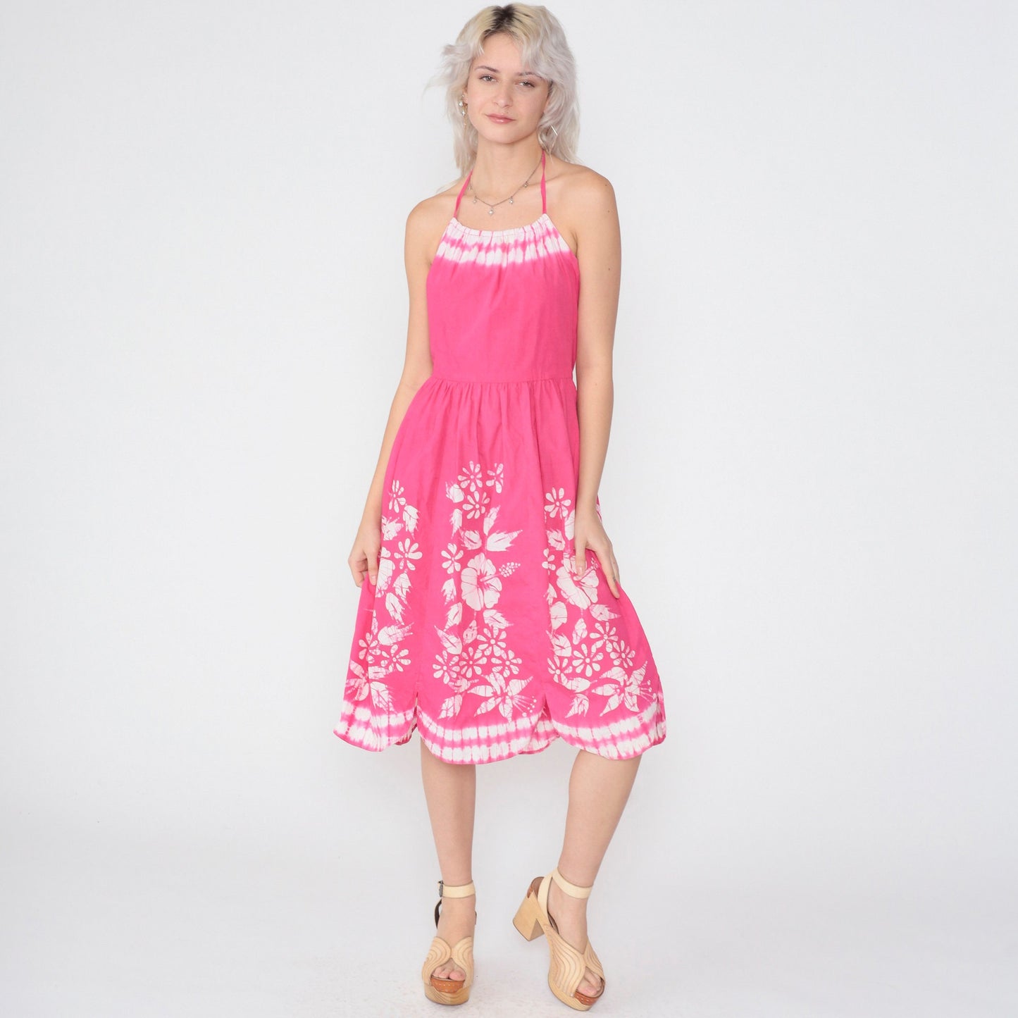 1950s Pink Floral Tie Dye Halter Sundress Open Back Midi Cotton Small