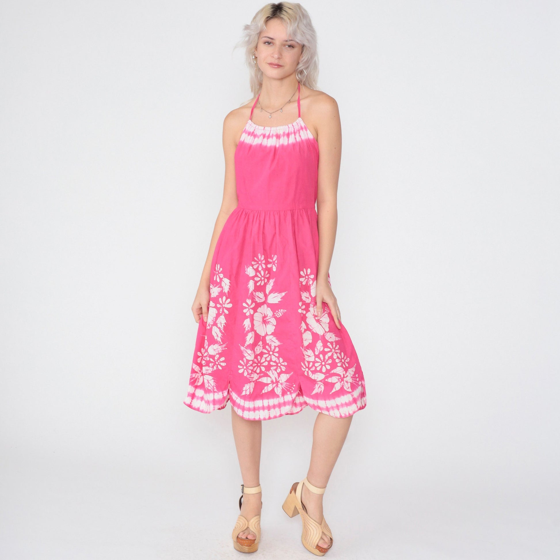 1950s Pink Floral Tie Dye Halter Sundress Open Back Midi Cotton Small
