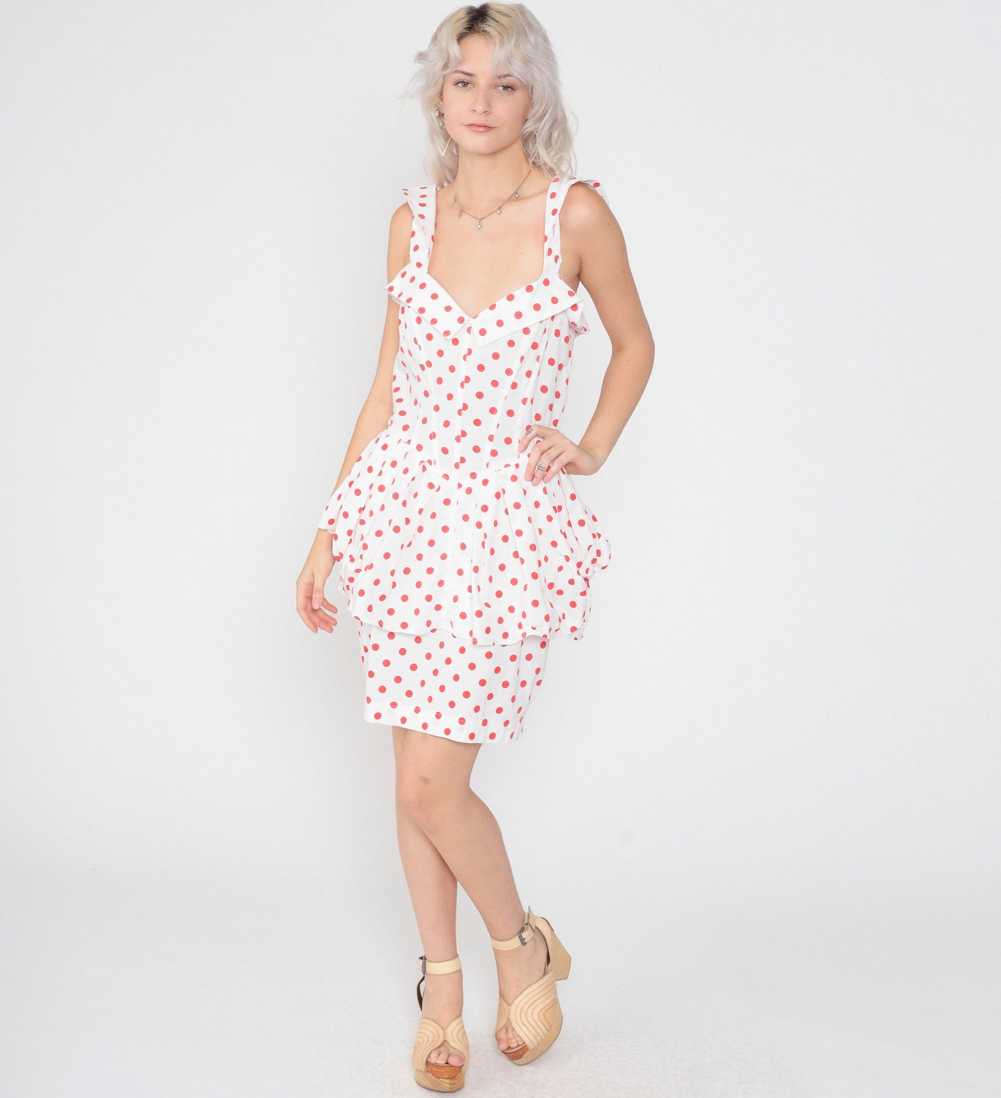 80s Karen Alexandra Polka Dot Mini Dress High Waist Peplum White Red Small