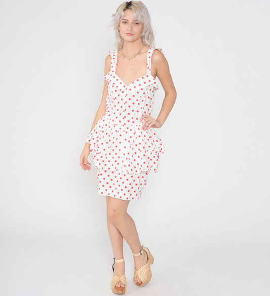 80s Karen Alexandra Polka Dot Mini Dress High Waist Peplum White Red Small
