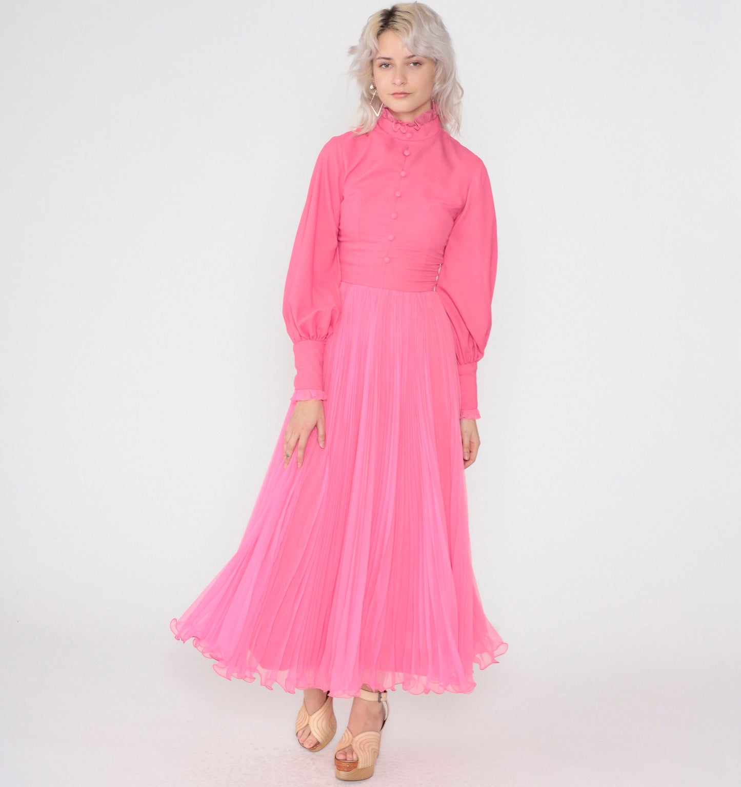 70s Hot Pink Maxi Dress Balloon Sleeve High Neck Ruffled Chiffon Extra Small