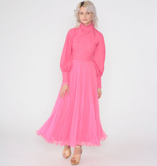 70s Hot Pink Maxi Dress Balloon Sleeve High Neck Ruffled Chiffon Extra Small