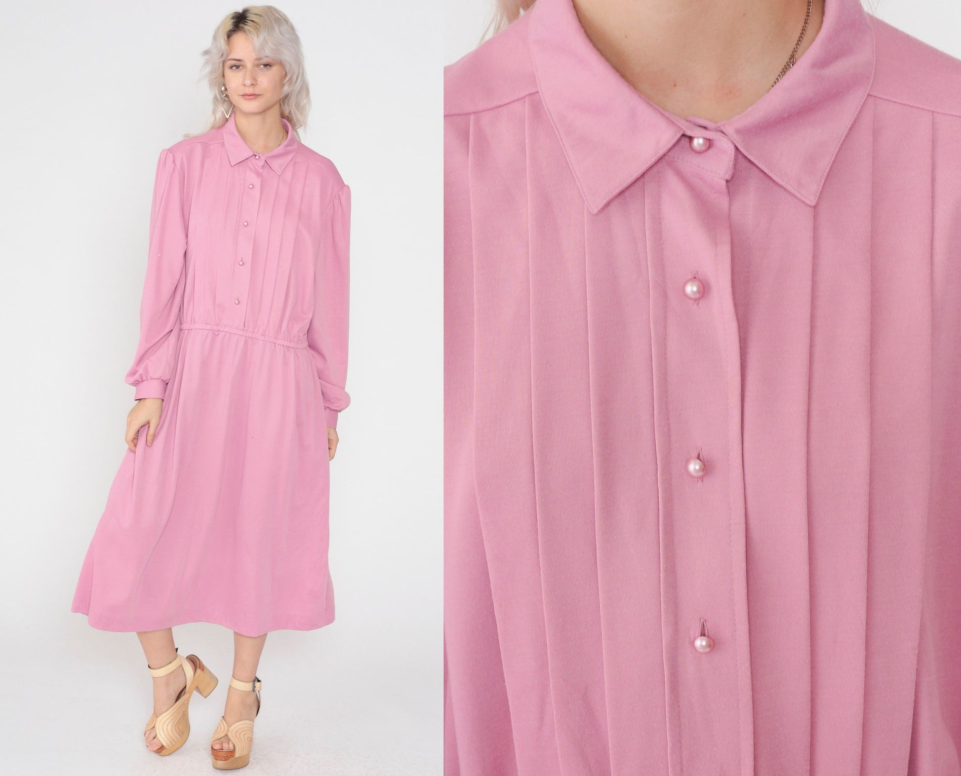 80s Pink Shirtwaist Midi Dress Button-Up High Waisted Pleated Plus Size XXL