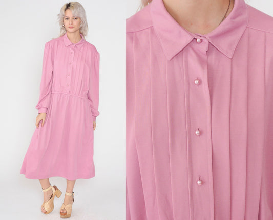 80s Pink Shirtwaist Midi Dress Button-Up High Waisted Pleated Plus Size XXL