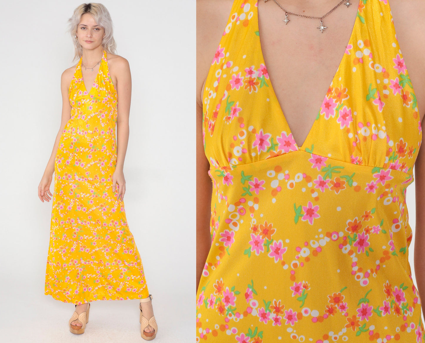70s Yellow Floral Halter Maxi Dress Empire Waist Backless Extra Small
