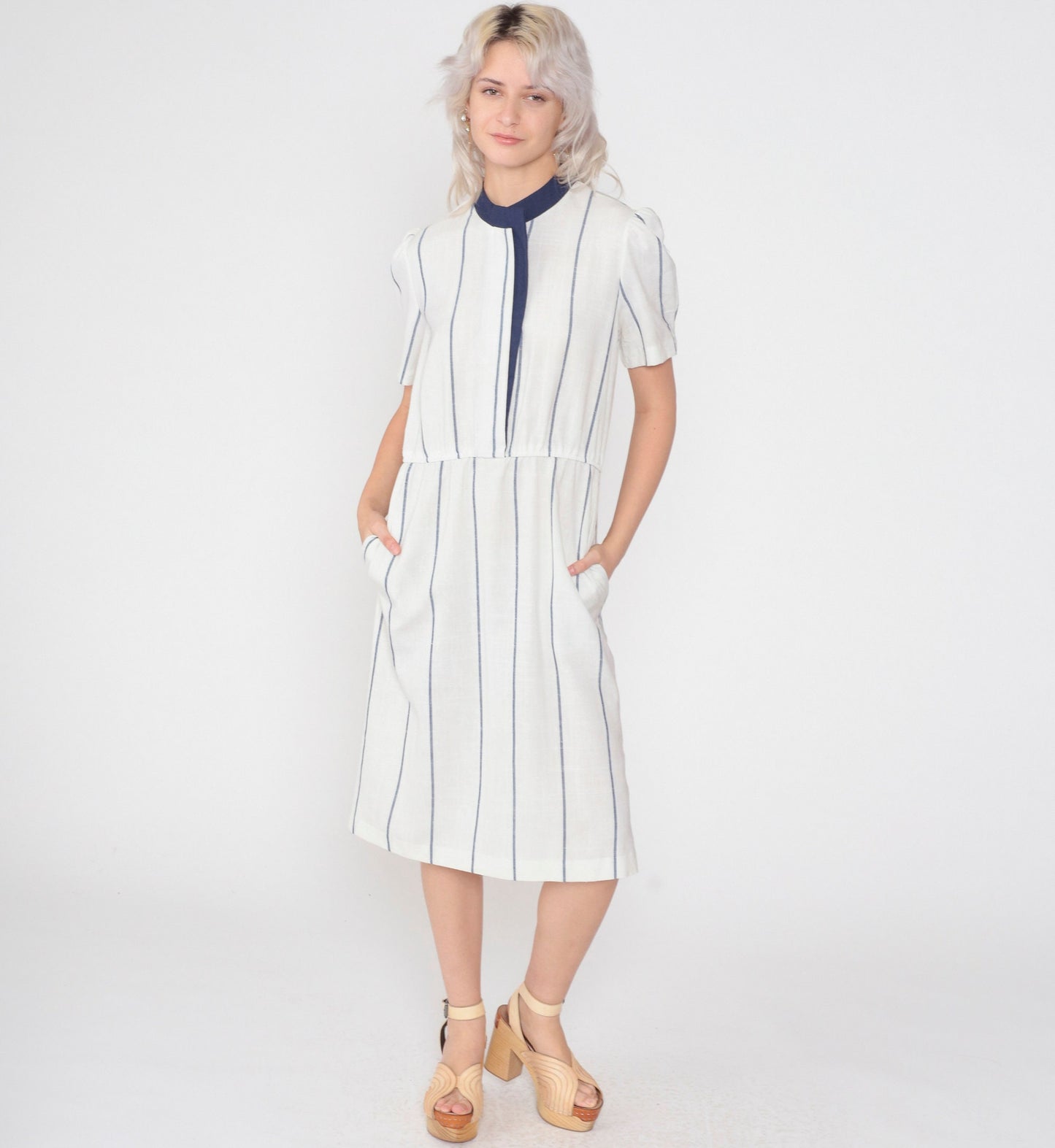 80s White Striped Midi Dress Navy Trim Puff Sleeve High Waist Large L
