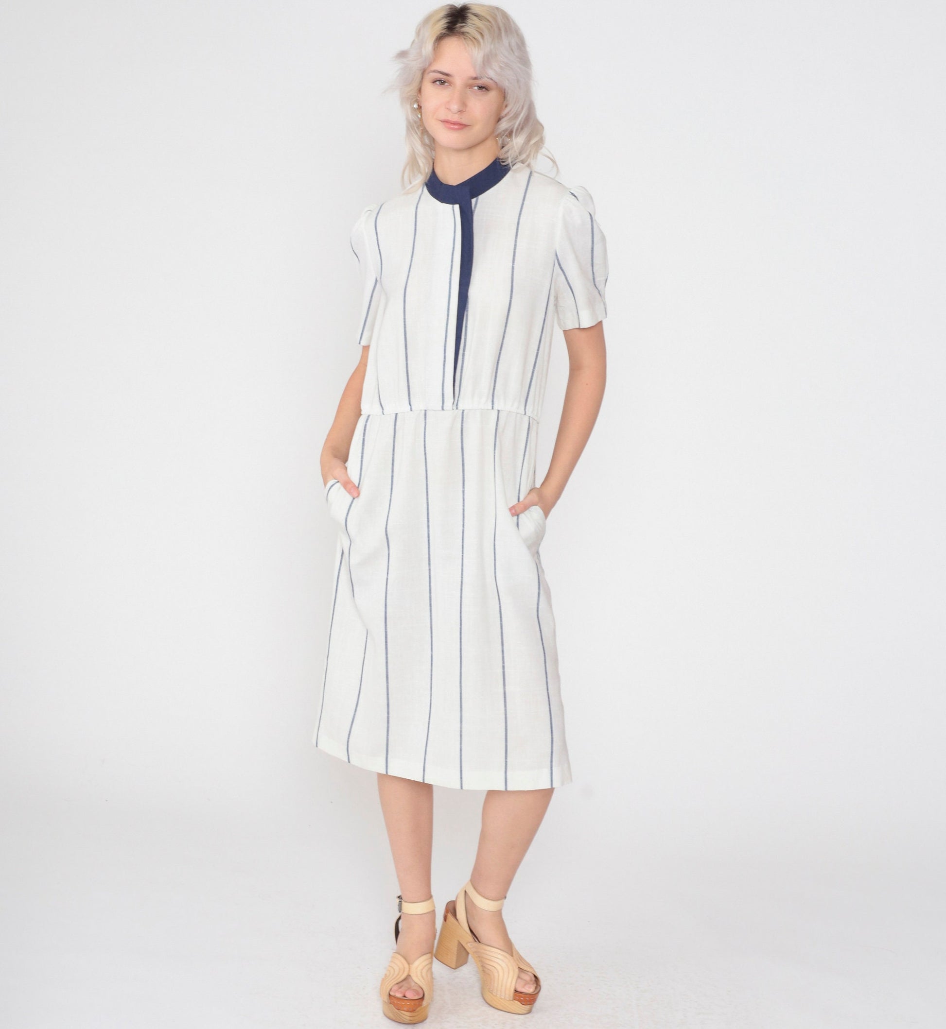 80s White Striped Midi Dress Navy Trim Puff Sleeve High Waist Large L