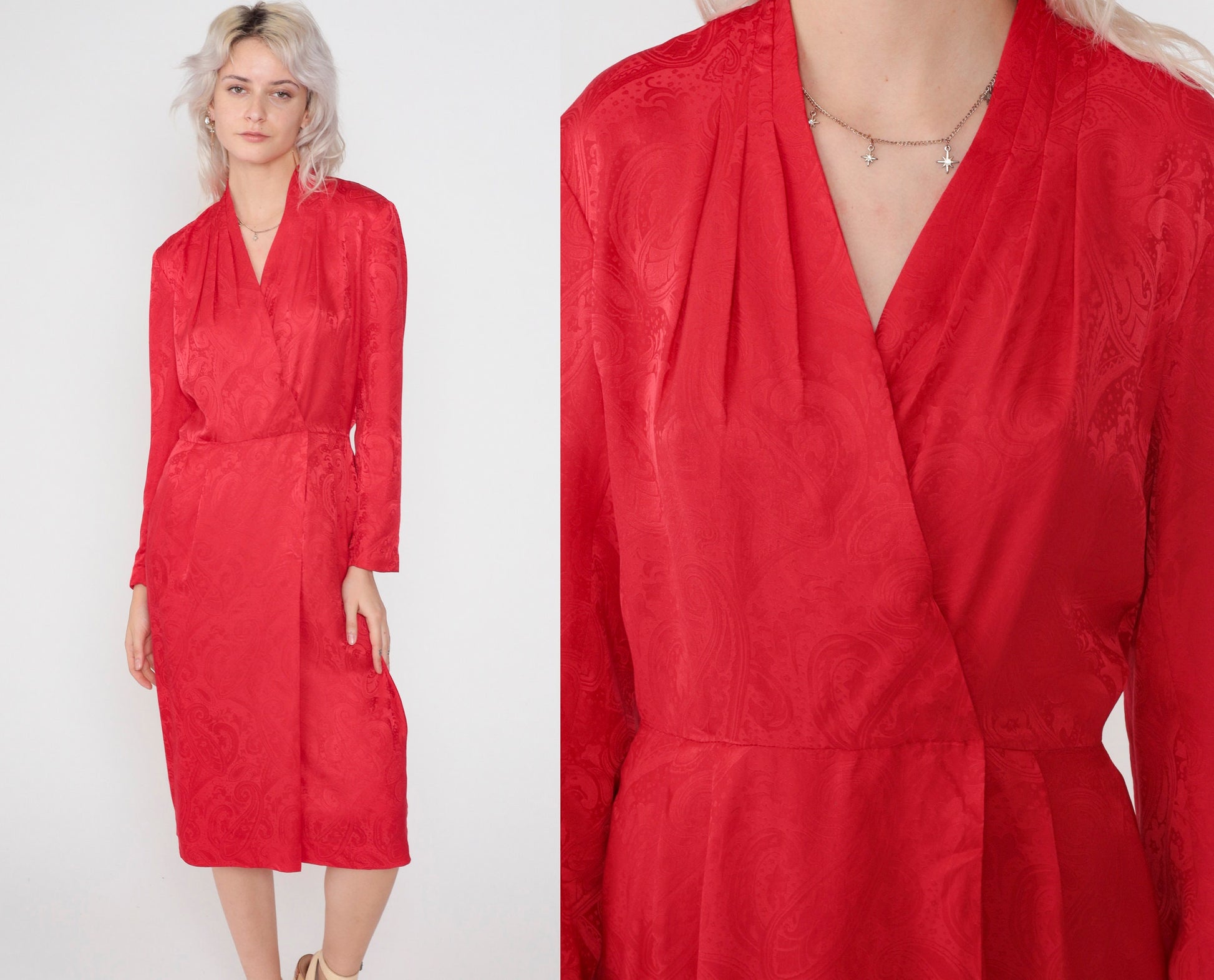 90s Liz Claiborne Red Silk Midi Dress Paisley Embossed V-Neck Faux Wrap Small
