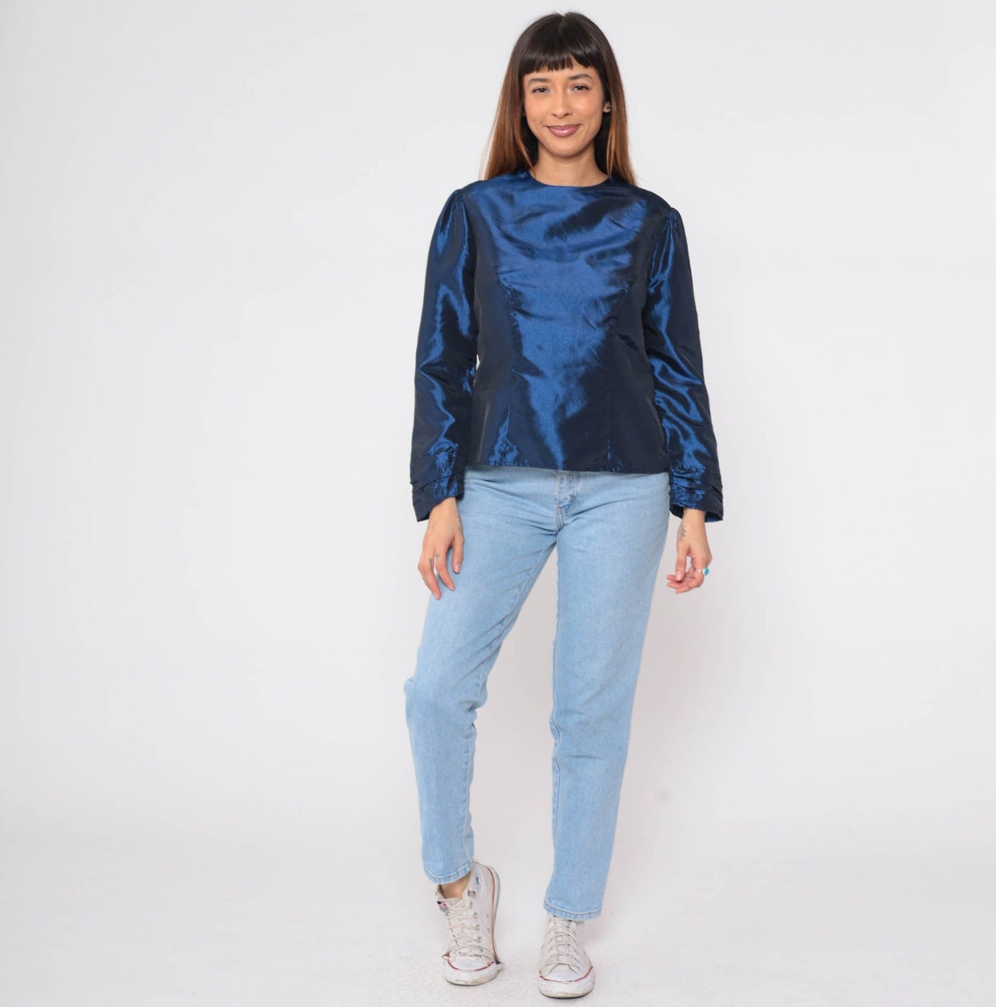 80s Metallic Blue Taffeta Blouse Puff Sleeve Fitted Party Top Medium
