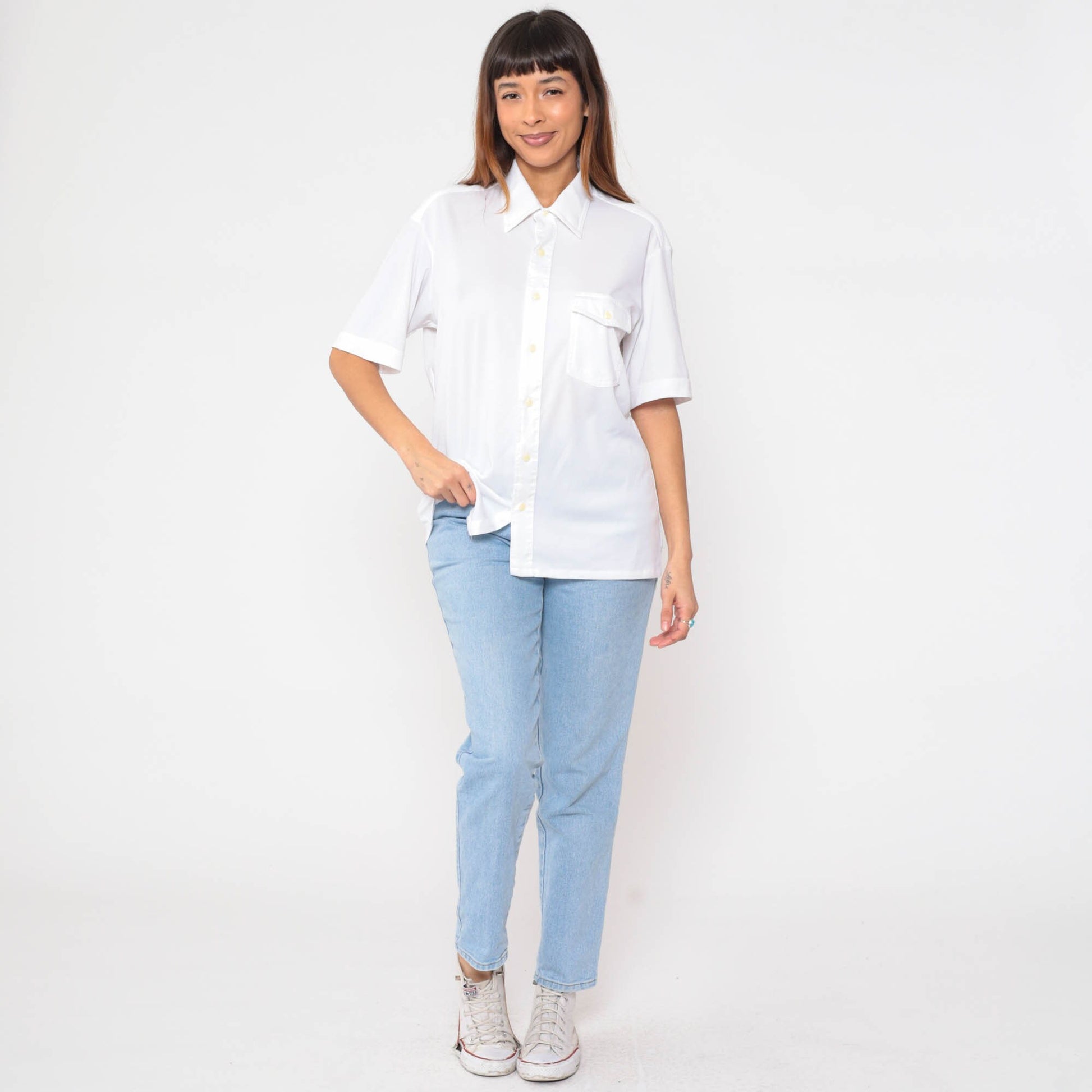 70s Sears White Button-Up Shirt Pointed Collar Utility Pocket Large L