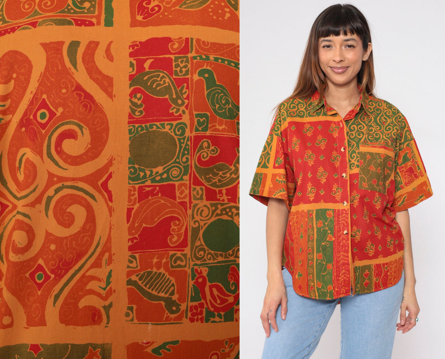 90s Indian Floral Button-Up Shirt Cotton Short Sleeve Collared Top Large
