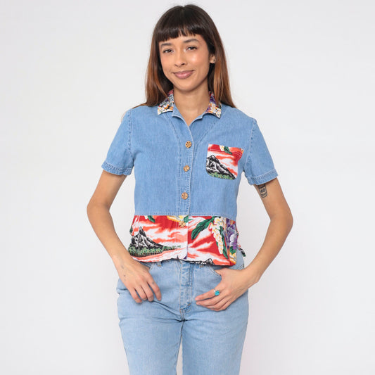 90s Blue Denim Crop Top Tropical Mountain Floral Print Button-Up Medium