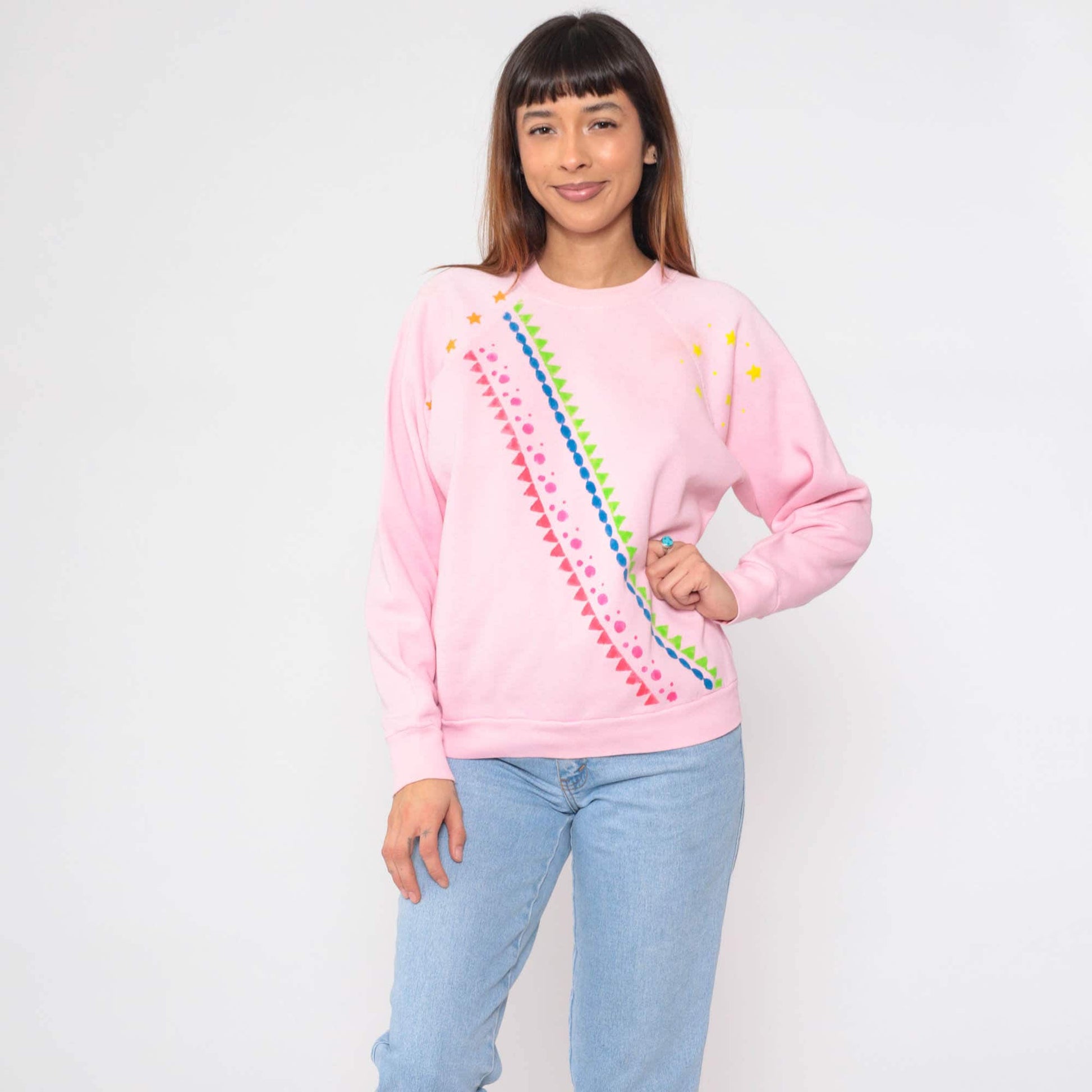 80s Tultex Geometric Star Sweatshirt Baby Pink Painted Crewneck Large L