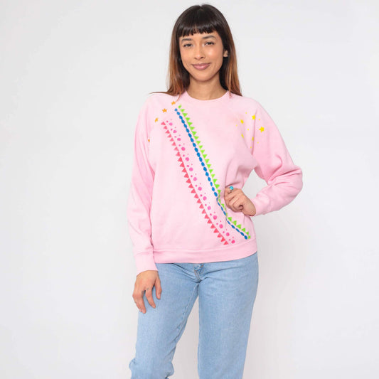 80s Tultex Geometric Star Sweatshirt Baby Pink Painted Crewneck Large L