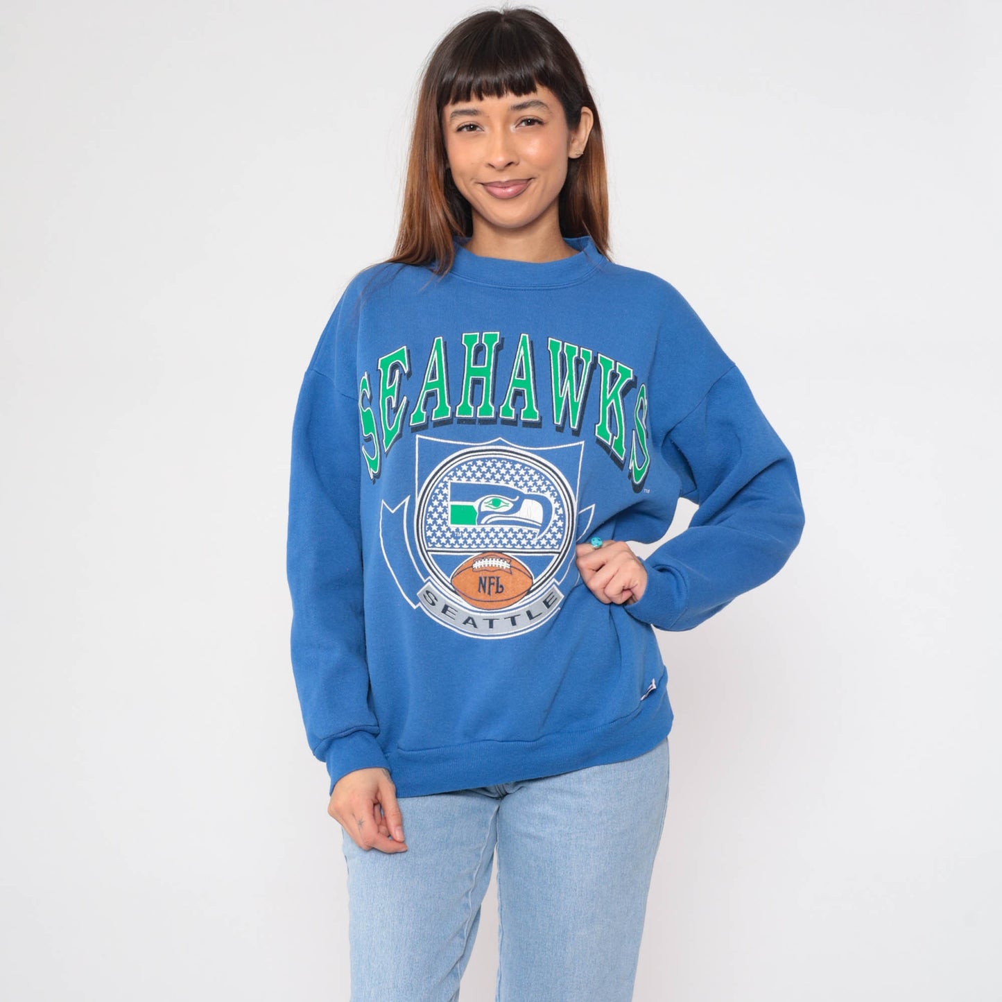 90s Seattle Seahawks NFL Sweatshirt Blue Crewneck Logo 7 Large