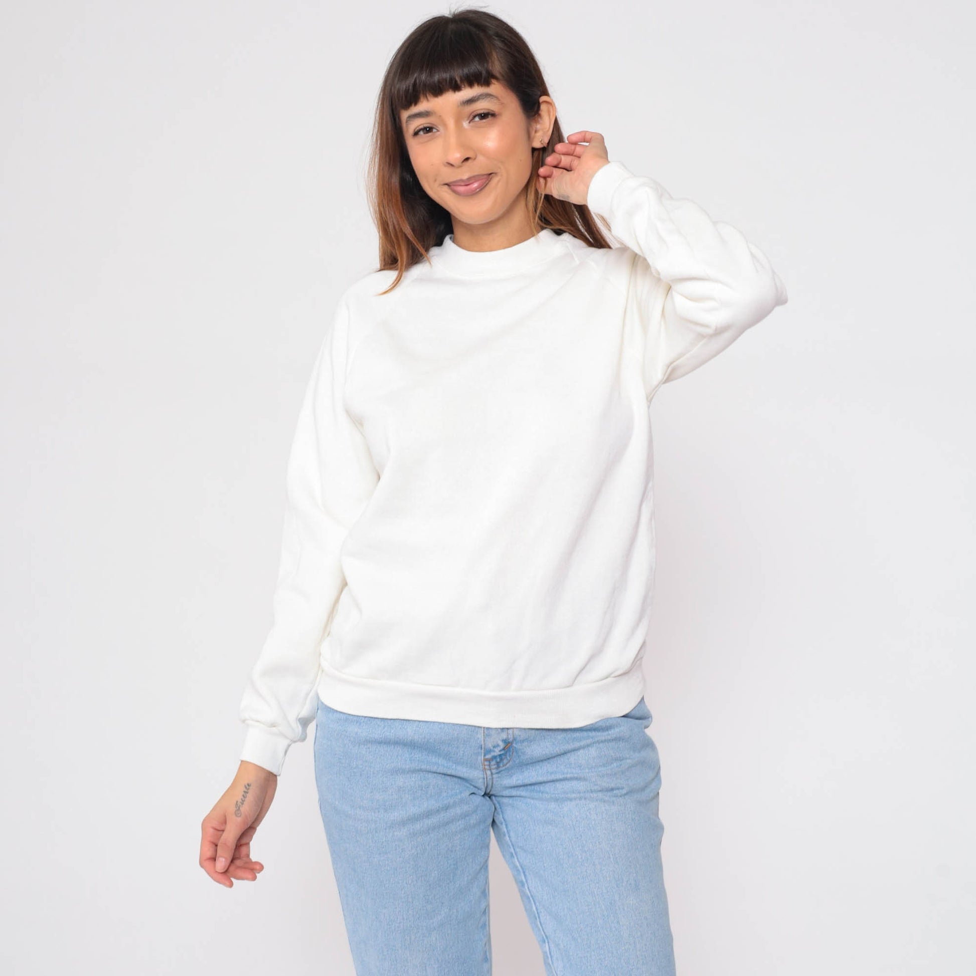 80s Jerzees White Raglan Sweatshirt Crewneck Plain Pullover Extra Small