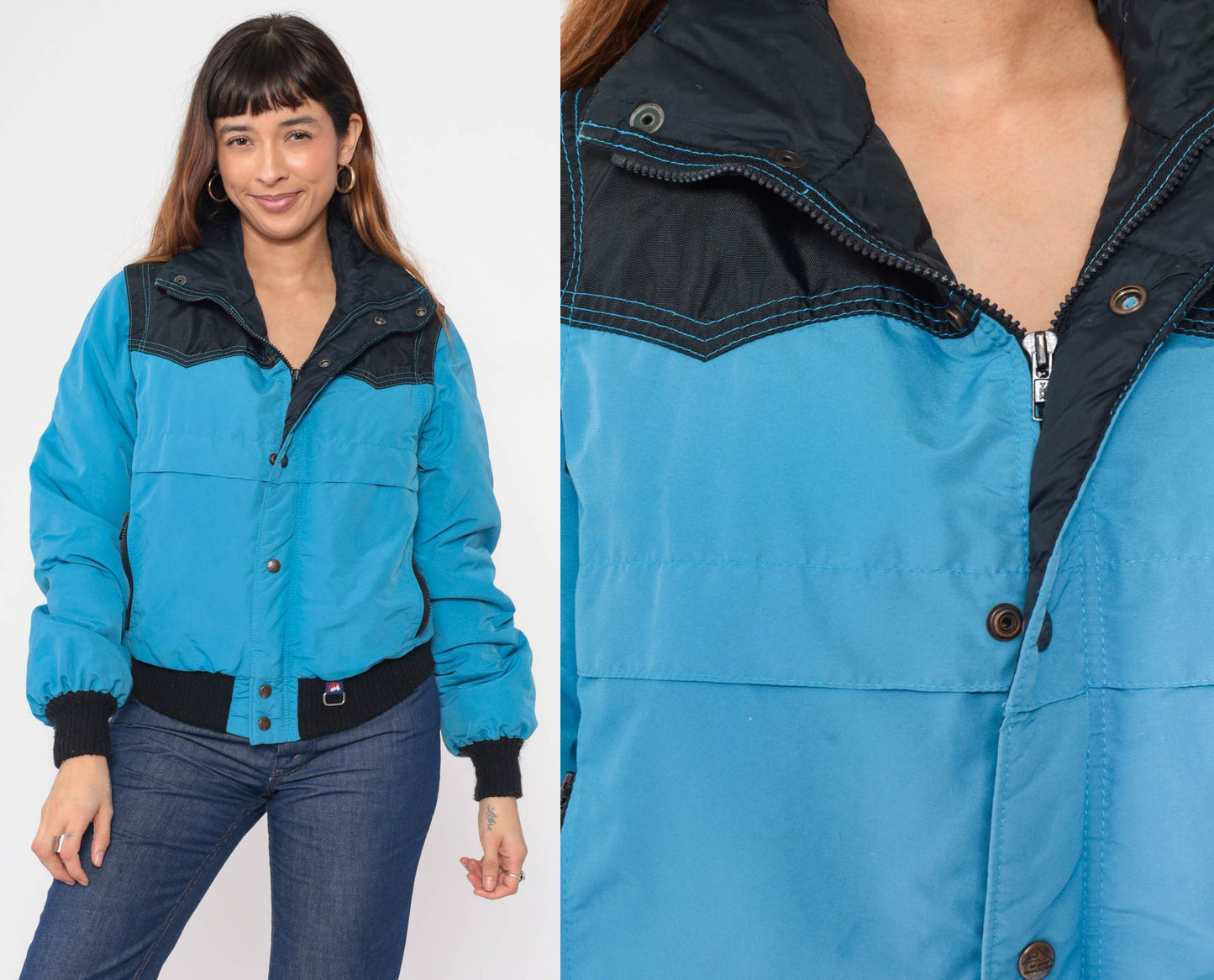 80s White Mountain Puffer Ski Jacket Blue Black Convertible Zip Sleeve Large