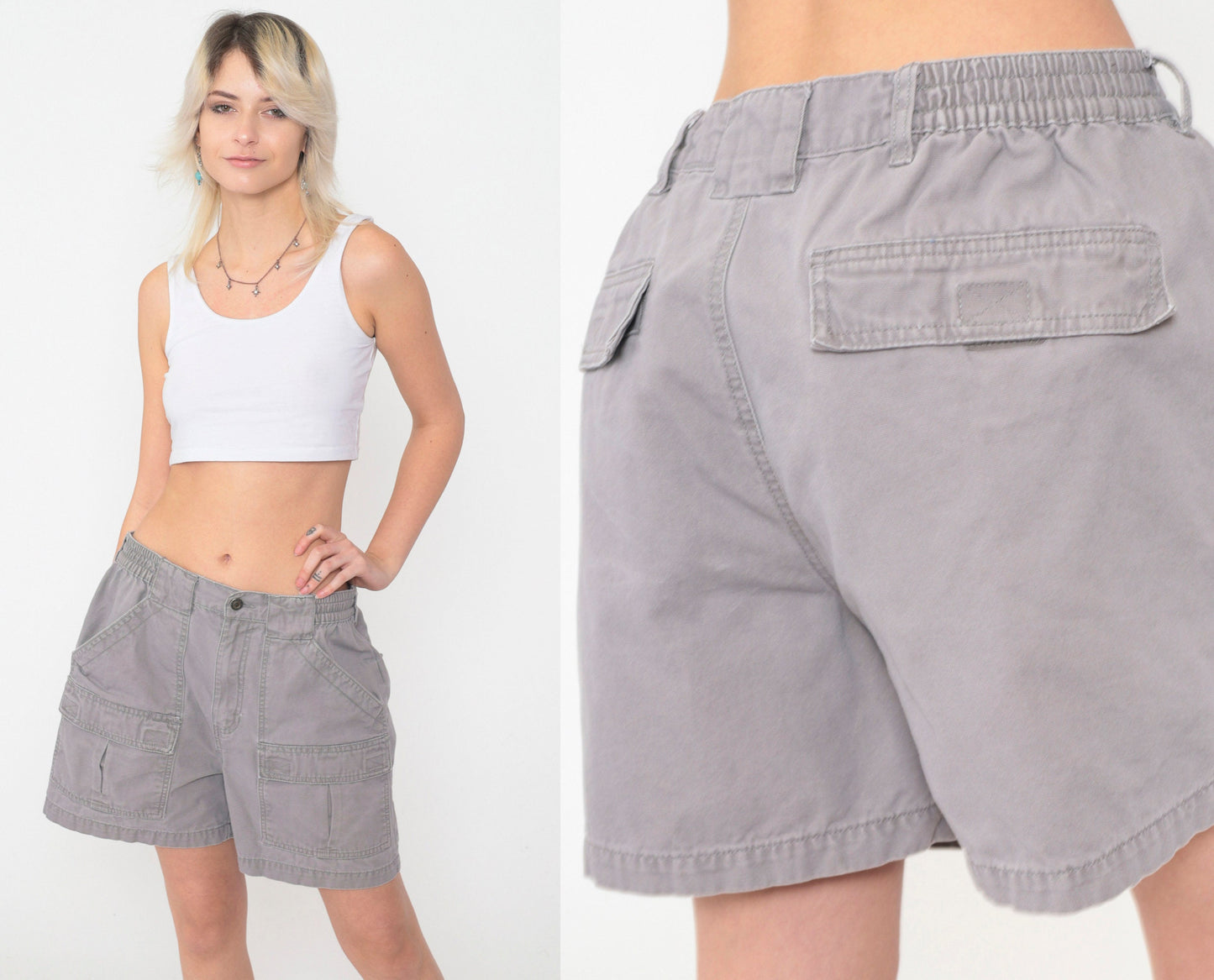 90s Red Head Brand Cargo Shorts Grey Elastic Waist Cotton Men's 34