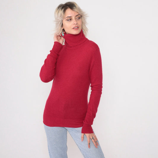 90s Vogue Angora Wool Turtleneck Sweater Cherry Red Knit Pullover Extra Small