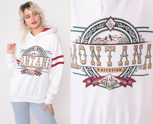 90s Whitefish Montana Hooded Sweatshirt White Graphic Pullover Medium