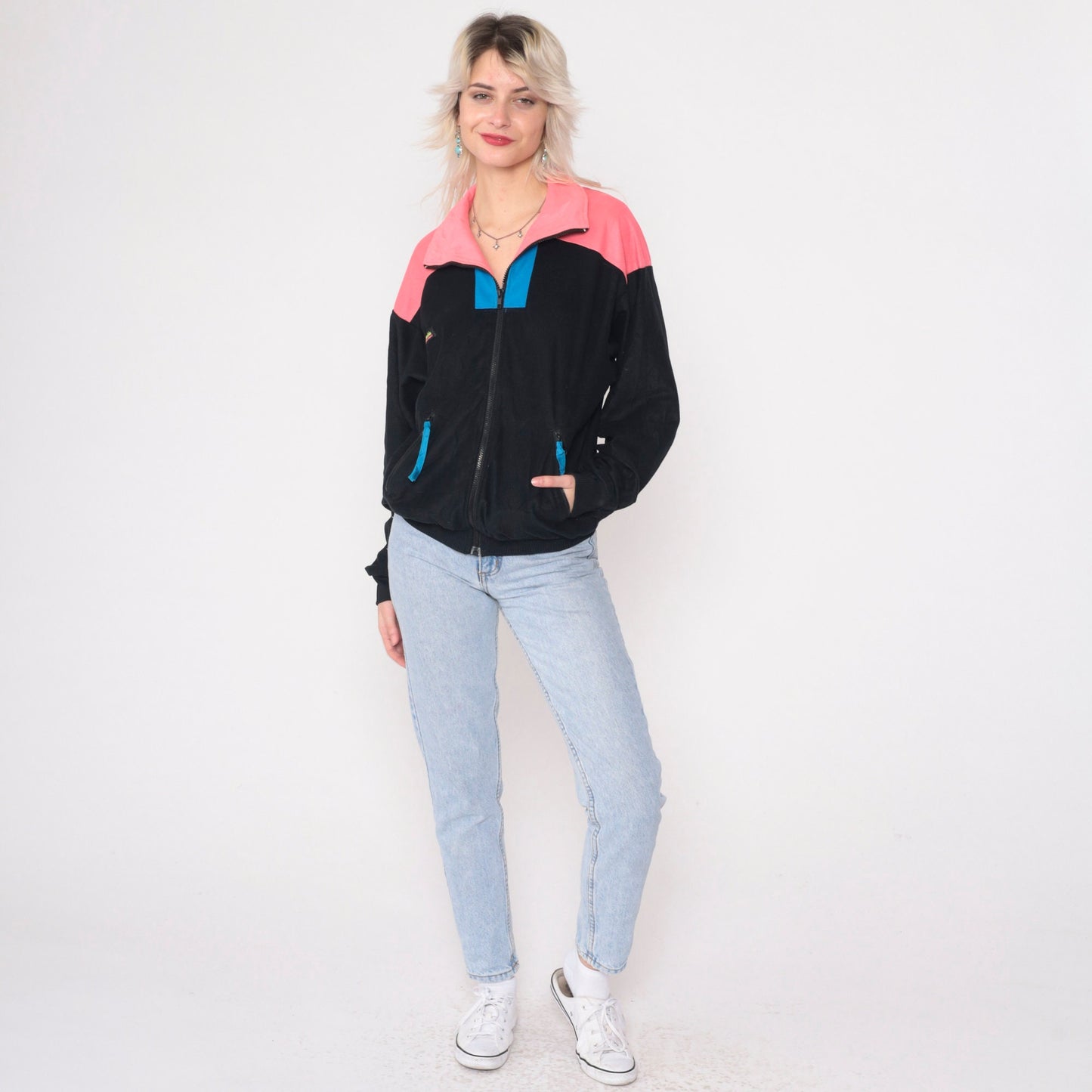 90s Columbia Black Windbreaker Jacket Hot Pink Blue Color Block Small
