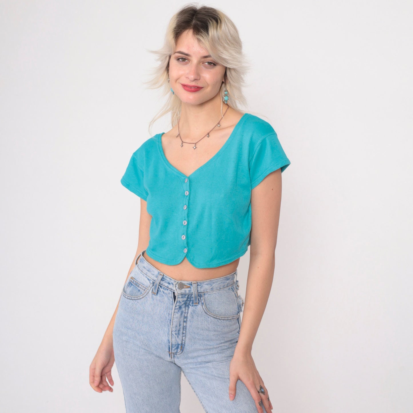 90s Turquoise Crop Top Button Up Blouse Short Sleeve Small Medium