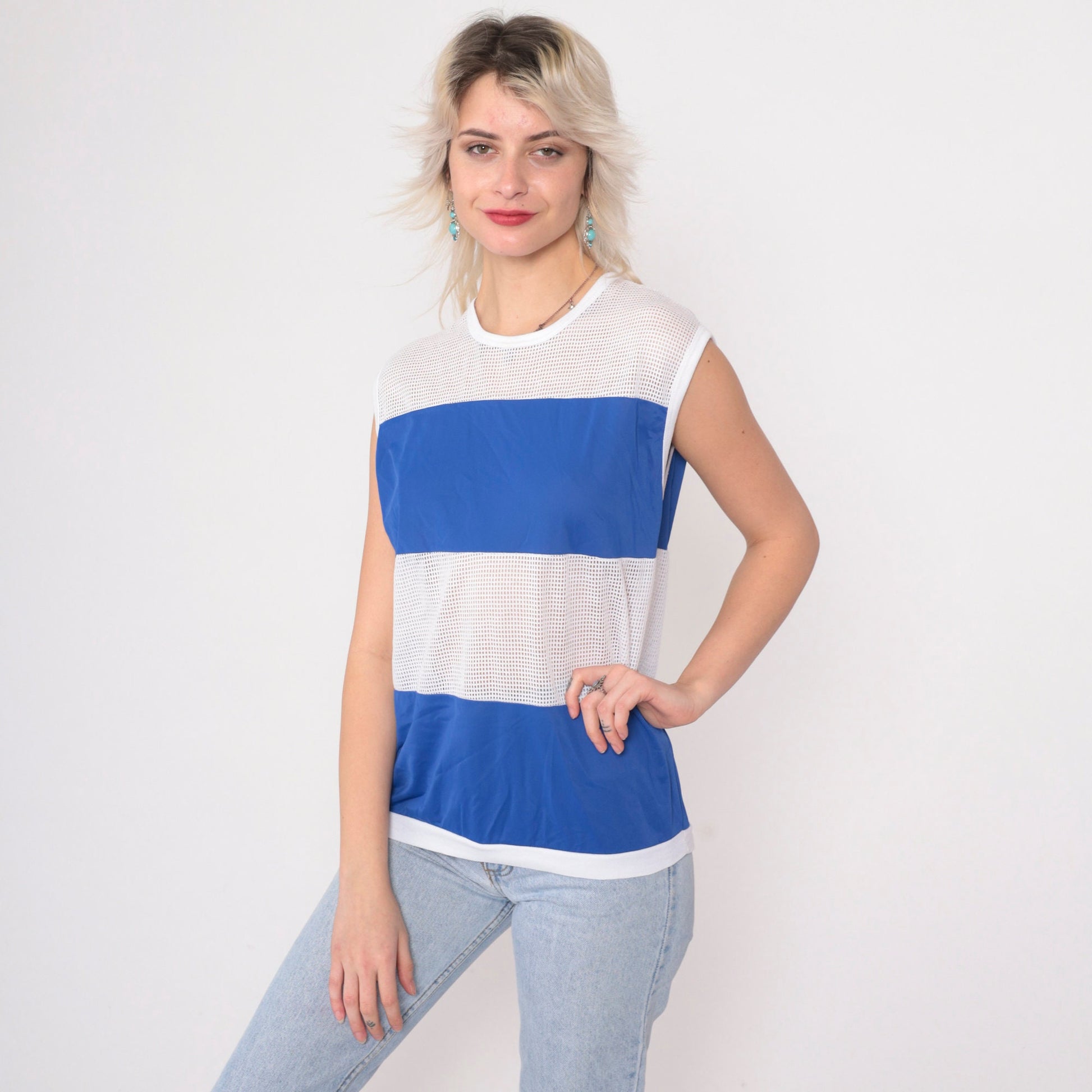 80s Indy Knit Mesh Tank Top Color Block Blue White Sleeveless Medium